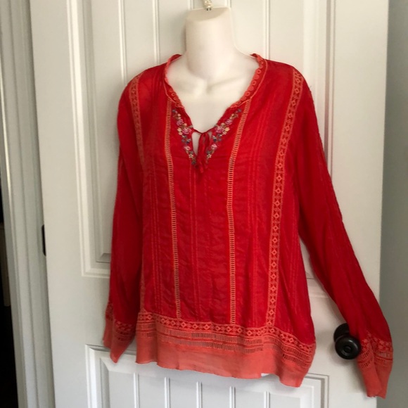 Johnny Was Tops - Johnny Was Orange Embroidered Tunic Small
